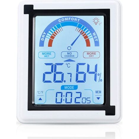 Weißes elektronisches Thermometer – LCD-Touchscreen-Thermometer mit Uhr und Temperatur-/Feuchtigkeitsanzeige, einstellbar in Fahrenheit XXW (1/4)