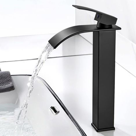 Robinet lavabo cascade noir mat EXARFLY – mitigeur 1 trou hauteur 237 mm G3/8, sans plomb (1/5)