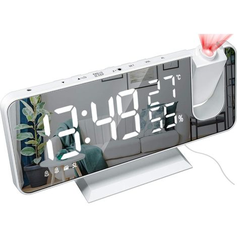 Radio-Projektionswecker mit LED-Display, großem Bildschirm, Temperatur- und Feuchtigkeitsanzeige, elektronischer Wecker für Schlafzimmer, Küche, Geschenk – Weißes Gehäuse, Digitalanzeige (1/5)