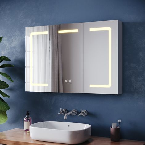 SONNI Badezimmer Spiegelschrank mit LED-Beleuchtung, Stromausfall Speicherfunktion, Rasierer Ladeanschluss, Große Kapazität, 900x600x125mm, Marokkanisches Grau