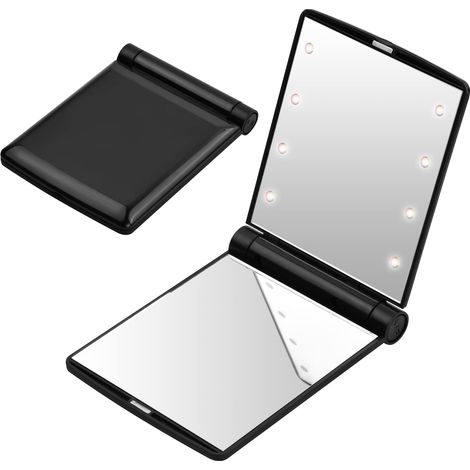 Miroir de Poche Pliable à LED, Miroir de Poche Voyage,Petit Miroir Pliable, Miroir à Maquillage Portable, Miroir de Sac à Main, Miroir Poche avec 8 Lumière LED