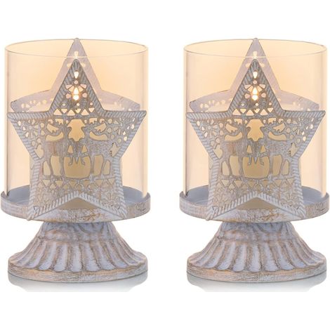 Set of 2 White Metal Candlestick Holders Pillar Candle Holders(Star), Hurricane Distressed Candlestick Holders Favor Pieces for Christmas Table Mantel Fireplace Decoration, White (1/5)