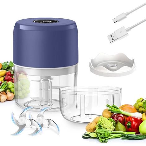 (Blau) 2-in-1 Kabelloser Mini-Elektro-Zerkleinerer – Fleischwolf 250 ml & 100 ml – mit 3 scharfen Klingen – für Obst, Fleisch, Knoblauch – Blau (1/5)
