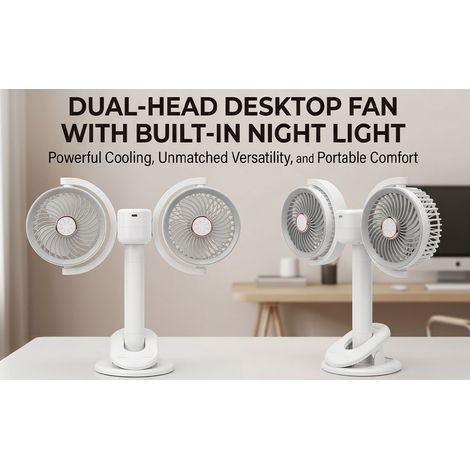 Ventilateur de bureau double tête, chargement USB, rotation à 360°, hauteur réglable, veilleuse, fixation portable par pince (1/5)