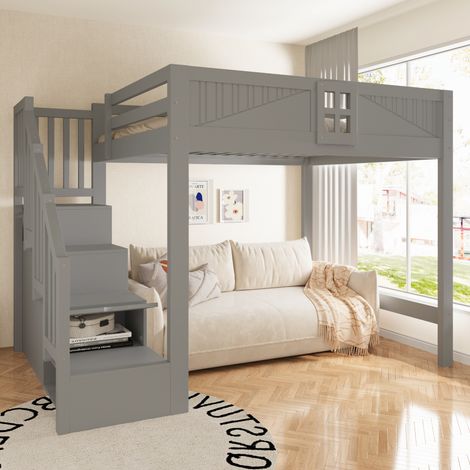 Lit mezzanine 140x200 cm avec escalier de rangement réversible, garde-corps avec fenêtre, espace inférieur libre, pin et MDF, gris (1/5)