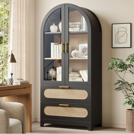 MODFU – Vitrine 80x40x175 cm MDF/métal – Portes vitrées, 2 tiroirs rotin PE et 3 étagères – Anti-basculement – Salon – Noir (1/5)