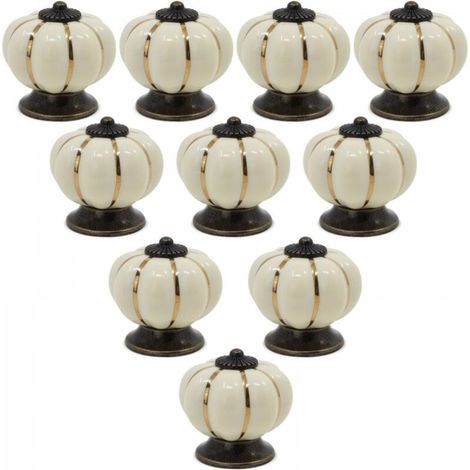 Lot de 10 boutons de placard en céramique style vintage européen en forme de citrouille pour commode, armoires et tiroirs, beige (1/5)