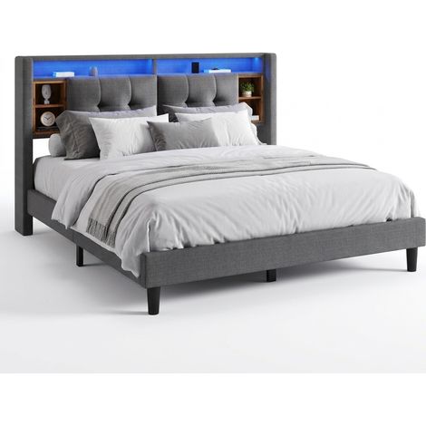 Doppelbett mit Stauraum, USB und LED, 160 x 200 cm, ohne Matratze, Grau (1/5)
