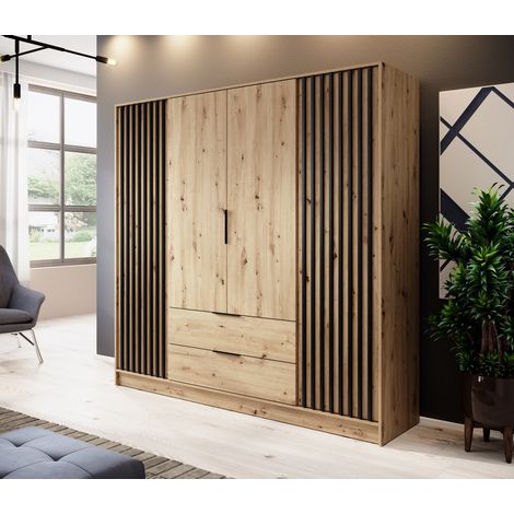 Azura Home Design – Armoire 4 portes battantes avec 2 tiroirs – Chêne artisan et lattes noires – Penderie centrale et étagères – Design moderne (1/4)
