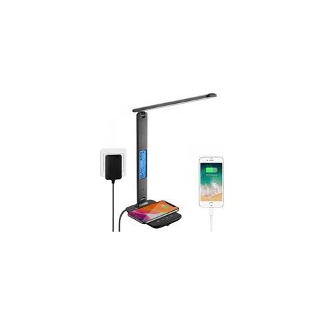 (Noir)Lampe de Bureau LED avec Chargeur Sans Fil et USB,Lampe de Bureau Réglable Flexible Contrôle Tactile,Affichage LCD Avec Fonctions heure, alarme et température (1/5)