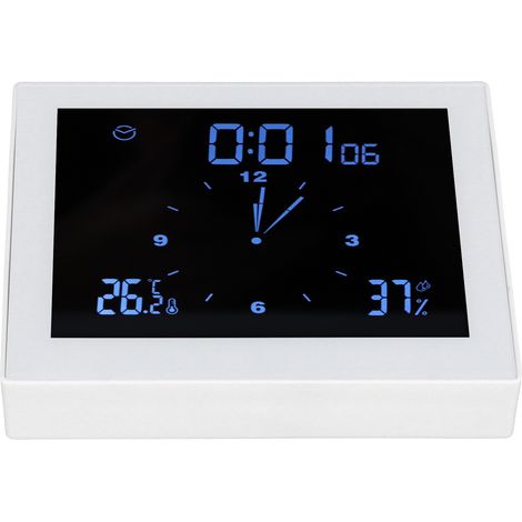 Réveil multifonction pour spa, bureau ou maison, avec minuteur et alarme créatifs, affichage des limites supérieure et inférieure de température et d'humidité, blanc. (1/5)