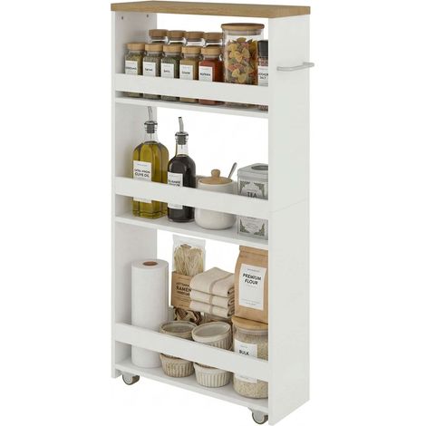 Chariot de Rangement Étroit Blanc Chêne 4 Niveaux 40×14×80cm Les barrières des deux côtés gardent les objets en place tandis que quatre roulettes facilitent le déplacement et le montage (1/5)