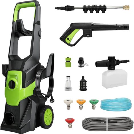 Nettoyeur Haute Pression 1400W, Max. 130 Bars, 5,6 l/Min Nettoyeur de surface, tuyau 10m, tuyau alimentation 1,8m, lance, 4 buses, pichet mousse, filtre, pour autos, terrasses (1/5)