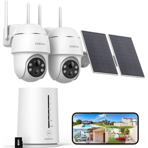 4MP Camera Surveillance WiFi Exterieure sans Fil, Base + 2 Caméras 365 Jours avec Panneau Solaire - 2.5K, 64 Go Stockage Local, Wi-Fi 6, 2.4/5GHz, 360° Panoramique, 4 LED, Cryptage des données (1/5)