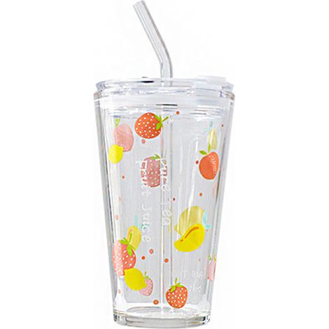1 Tasse en verre avec paille, échelle de mesure, couvercle, design dessin animé, 450ml, pour maison et bureau (1/5)