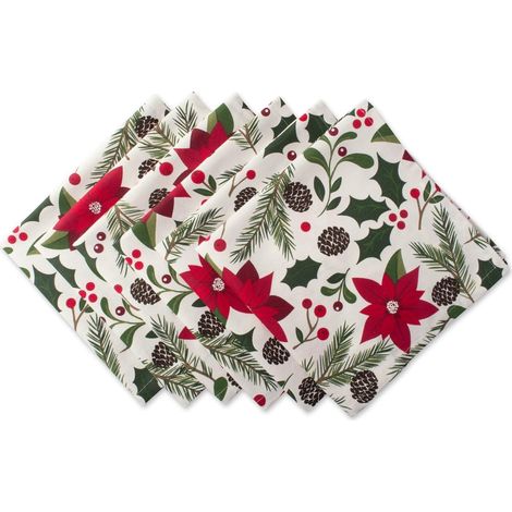 Lot de 6 Serviettes de Table et de Cuisine Motif Houx de Noël 50,8 x 50,8 cm, Poinsettia et Verdure de Noël (1/5)