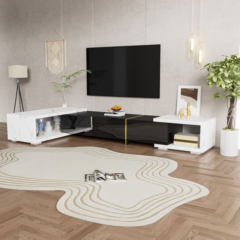 Meuble TV extensible 140-260 cm, fonction rotative, marbre blanc et finition noir laqué avec détails dorés (1/5)