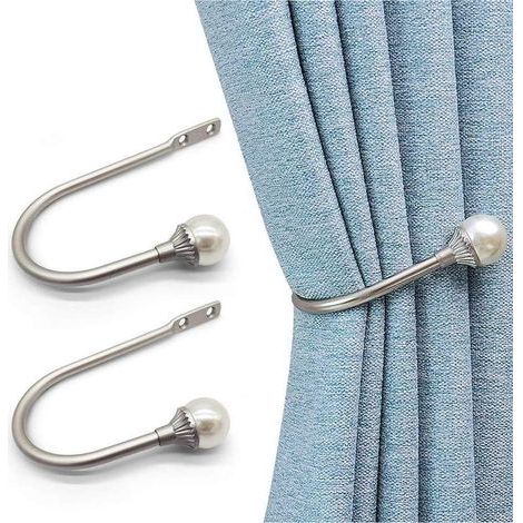 Embrasse de Rideau 2 pièces,Attaches Robustes Perle, Support de Crochets en métal de Style U pour Rideau, Décoration de Chambre en argen