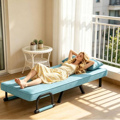 Sillón cama plegable 3 en 1 de lino azul y metal, respaldo ajustable, 80 x 74 x 82 cm (1/5)