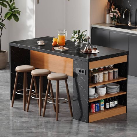 Îlot de cuisine 155x80x90 cm en MDF noir, avec rangement, pour cuisine et salle à manger FloraGrace (1/5)