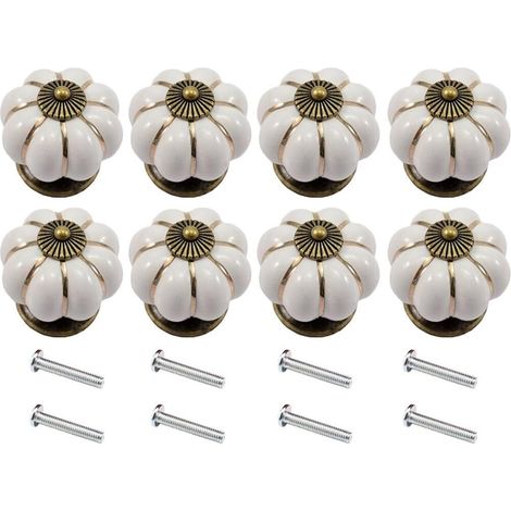 8 pomos de cerámica con forma de calabaza para cajones de muebles (blancos)