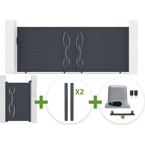 Portail coulissant 4m LIFE H.160cm gris + Portillon 1m LIFE H.160cm gris + 4 poteaux ELDA + motorisation Ranger C300 (1/5)