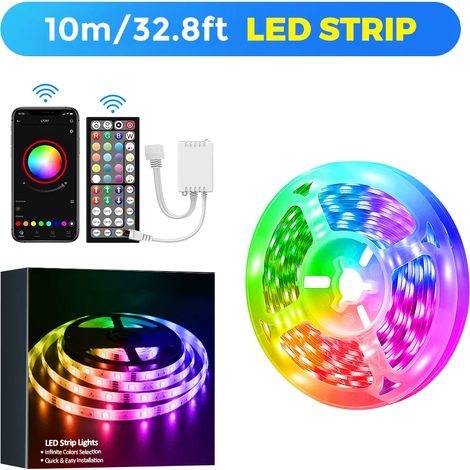 (10m) Bande lumineuse LED RGB à changement de couleur, avec télécommande à 44 touches et contrôle par application, synchronisation musicale. (1/5)
