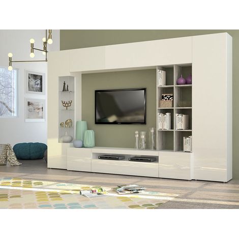 Banc TV moderne blanc laqué brillant/béton Keops (1/3)