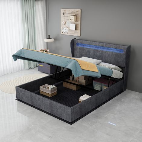 Lit rembourré moderne et minimaliste avec tête de lit souple intégrant un éclairage LED, 140 x 200 cm, gris, meuble de chambre multifonctionnel, sommier coffre haut avec mécanisme de levage à gaz, mat (1/5)