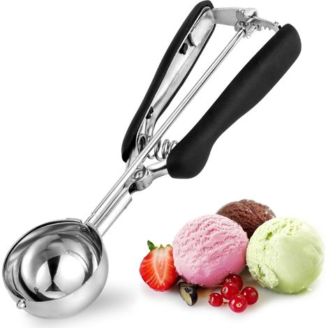Cuchara para helado de 50 mm, de acero inoxidable TJ POP, con gatillo y mango cómodo, ideal para helados, pasteles y sandía. (1/5)