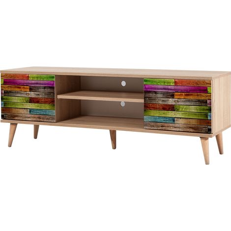 Meuble TV en bois clair à lamelles avec niche Kiza 726 (1/5)