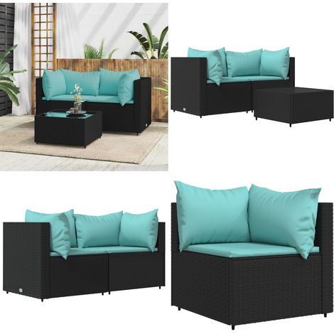 Salon de jardin 3 pcs avec coussins Noir Résine tressée - Canapé De Jardin - Mobilier De Jardin - Salon De Jardin - Set De Jardin - Table Basse - Home & Living (1/5)