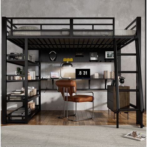 Cama Alta 140x200 Cm Estructura Metálica Y Madera Negro (1/5)