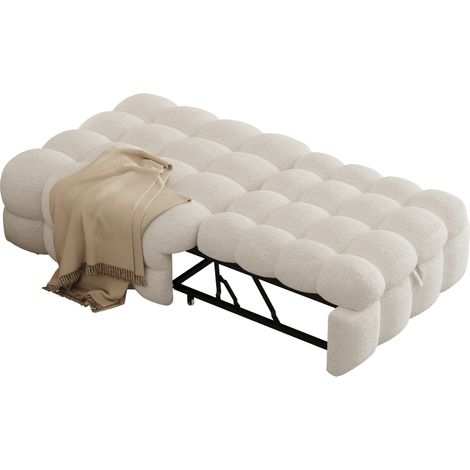 Konvertierbare 1-Sitzbank 2-in-1 aus Teddy-Stoff mit Fußstütze, weich gepolsterter Sitzfläche und Platzersparnis, Beige