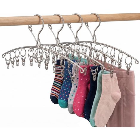4 Piece Sock Dryers - Stainless Steel Sock Hanger - Windproof Sock Airer - Clothes Drying Rack with 40 Clips for Towels (1/5)