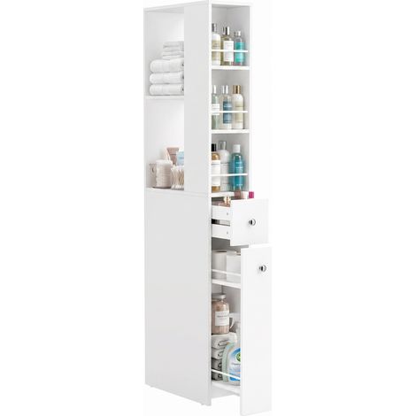 Colonne de salle de bain avec 2 tiroirs, 2 étagères et 3 compartiments, en bois, 18 x 40 x 135 cm, blanche (1/5)