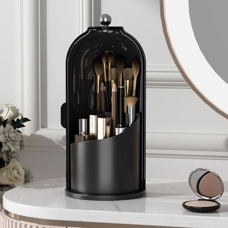 Porte-pinceaux de maquillage avec couvercle rotatif à 360°, transparent et anti-poussière, pour coiffeuse, salle de bain, comptoir, tout en noir (1/4)