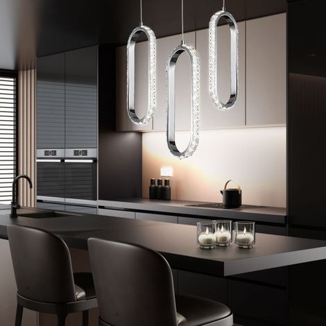 Pendelleuchte Kristall Hängelampe dimmbar LED Esstisch Höhenverstellbar Kristalloptik, Metall Chrom, 1x LED 12W 1100Lm 3000K, LxBxH 33,5x13x150cm, 3er Set