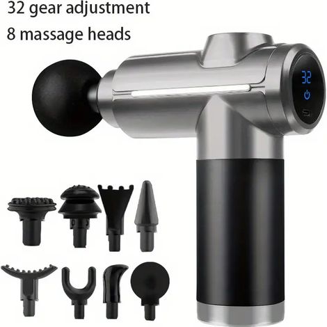Pistolet de massage portable rechargeable USB pour tout le corps, avec 8 têtes de massage, gris-AquaForge