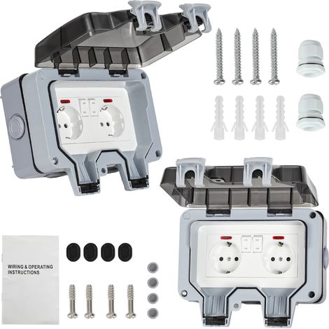 Wolketon 2X Außensteckdose Gartensteckdose Outdoor Steckdose IP66 16A Wasserdicht Staubdicht Wandsteckdose 2 Loch mit Schalter