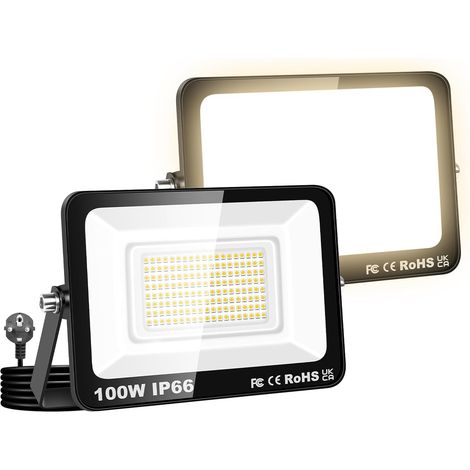 2PCS Projecteurs LED Extérieur Avec Prise, Spot LED 100W 10000LM, 3500K Blanc Chaud, IP66 Etanche Eclairage Lumière de Sécurité pour Jardin Patio Garage Terrasse Maison