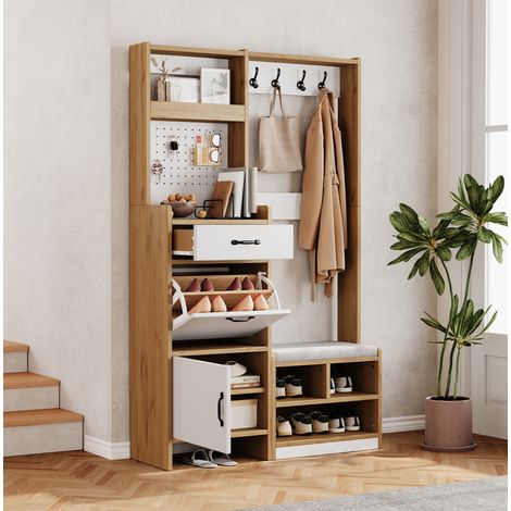 MODFU – Mobile d'ingresso 108,5x35x180 cm con panca, vano portascarpe, ganci e cassetto – Bianco/legno (1/5)