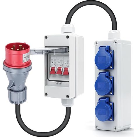 Coffret Electrique disjoncteur Prises Industrielles vers Prise Schuko Prise industrielle 5 broches 400V vers 3 Prises Schuko 230V,3 Disjoncteur 16A indépendants,coffret de chantier etanche IP44 (1/5)