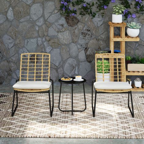 Set di mobili da giardino composto da 3 pezzi: 2 sedie in rattan, 1 tavolo con piano in metallo, cuscini per le sedie, set da bistrot, beige e marrone. (1/5)