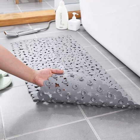 Alfombrilla de baño con ventosas anticaída, alfombrilla de baño antideslizante con textura de guijarros, 88 x 40 cm, gris. (1/5)