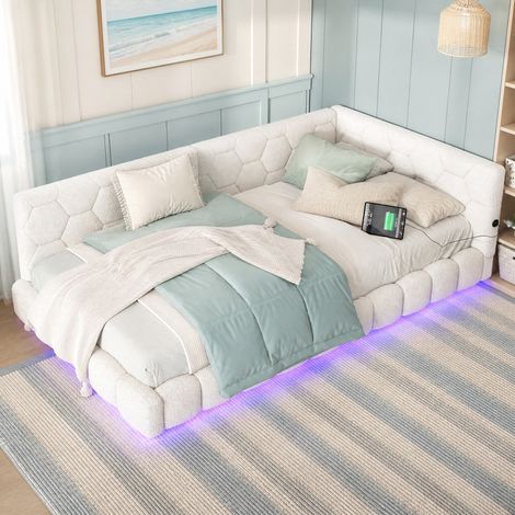 Letto a divano 90 x 200 cm con illuminazione LED 16 colori, USB e USB-C, bianco HAVRYA (1/5)
