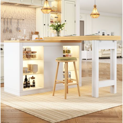 Isla de cocina extensible, 120-197 cm, blanca, tablero giratorio 360°, LED RGB controlada por aplicación y almacenaje (1/5)