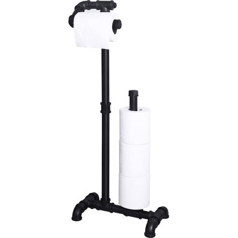 Porte-Papier Toilette Industriel autoportant pour Salle de Bain, Support Rustique en Fer avec réserve, Style Vintage, Noir Mat (1/5)