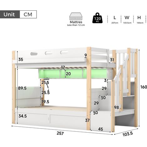 Lit superposé en bois massif avec lit bas hydraulique, literie 90x200+90x200 cm, meuble enfant avec échelle de rangement, tête de lit rembourrée PU, bandeau LED rechargeable USB, blanc et naturel (1/5)