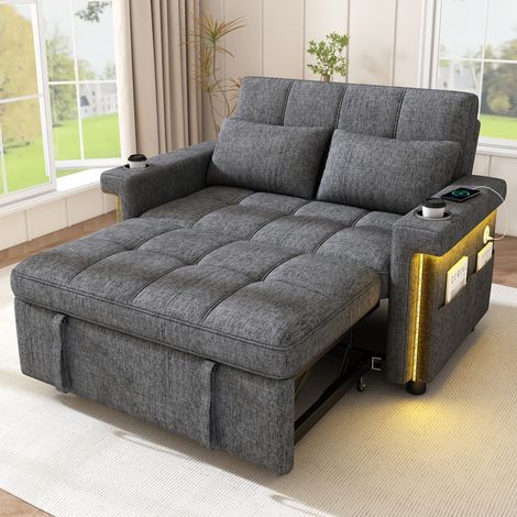 Canapé convertible 2 places 145x141,5 cm, couchage 170,5 cm, dossier réglable 3 positions, LED, USB et USB-C, porte-gobelets, Chenille Gris (1/5)